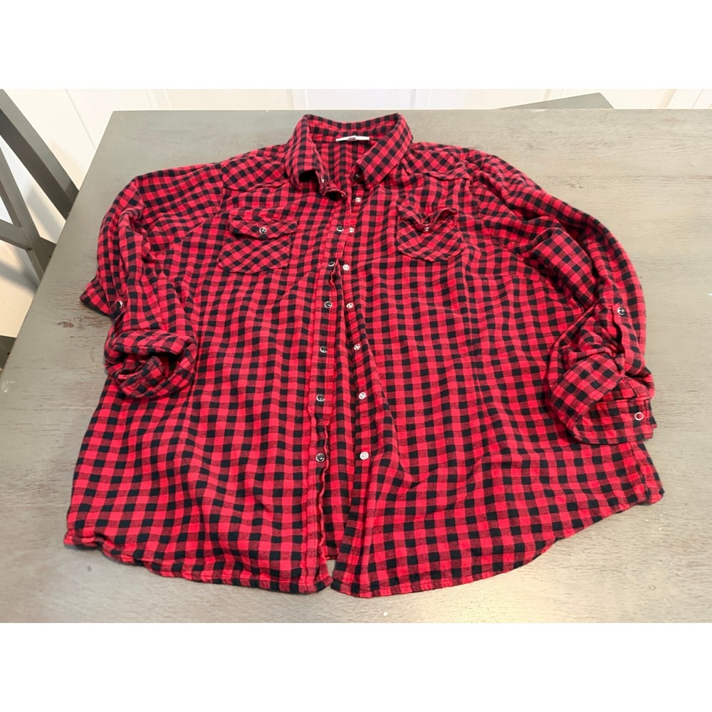 NorthStyle Womens 2X Red Black Buffalo Plaid Flannel Button Up Roll Tab Shirt
